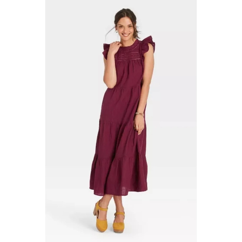 Universal Thread Plum Purple Tiered‎ Flutter Sleeve Cottagecore Maxi Dress Sz XS